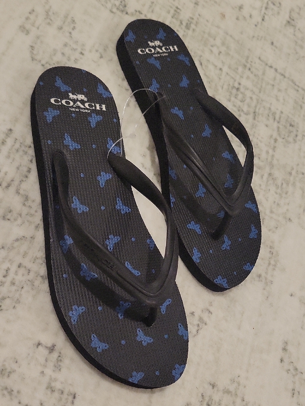 Coach Black Flip Flops with Blue Butterfly Print